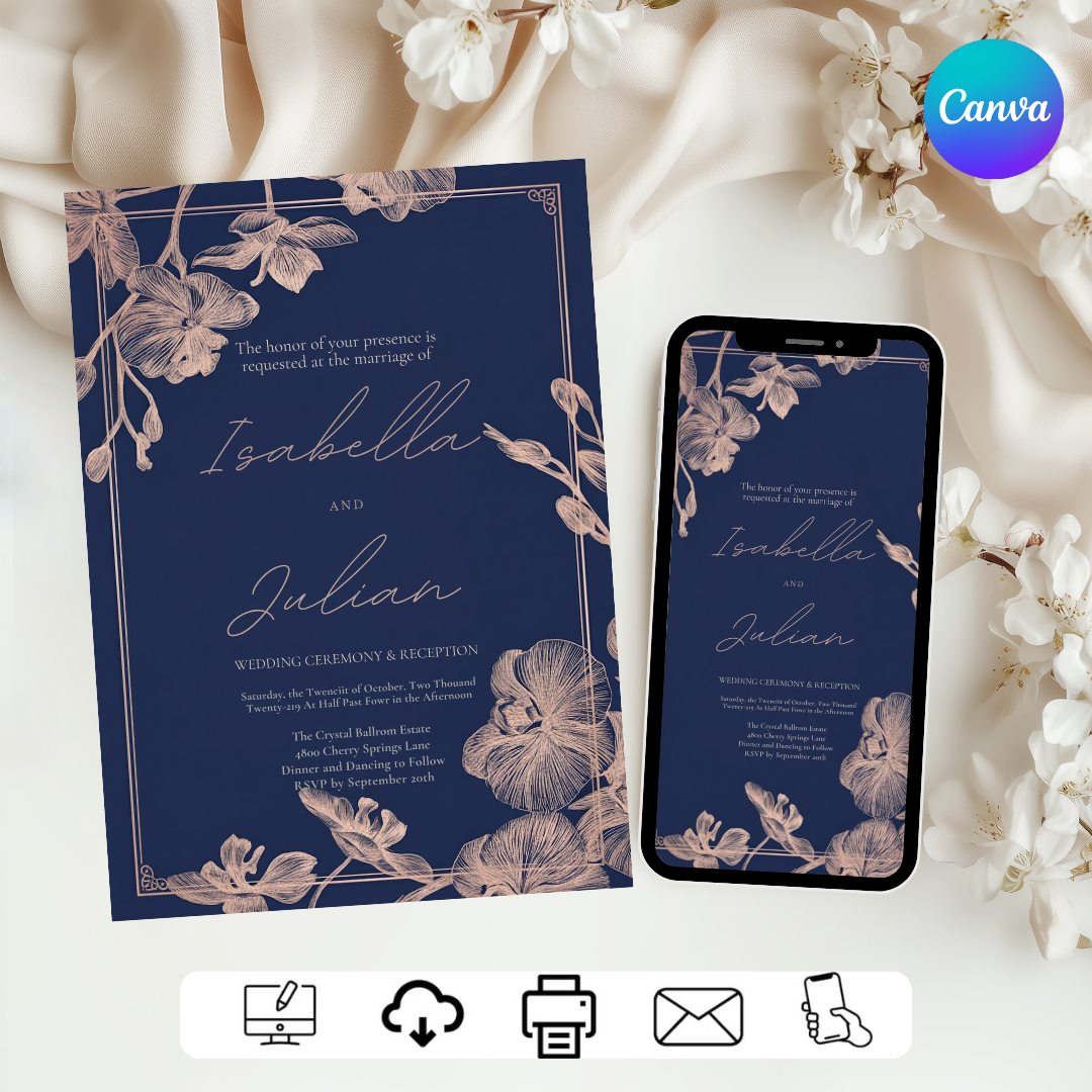 Elegant Wedding Invitation Template | Navy and Rose Gold Invite | Orchid Floral | Editable Printable Wedding Invite | Instant Download | Julian