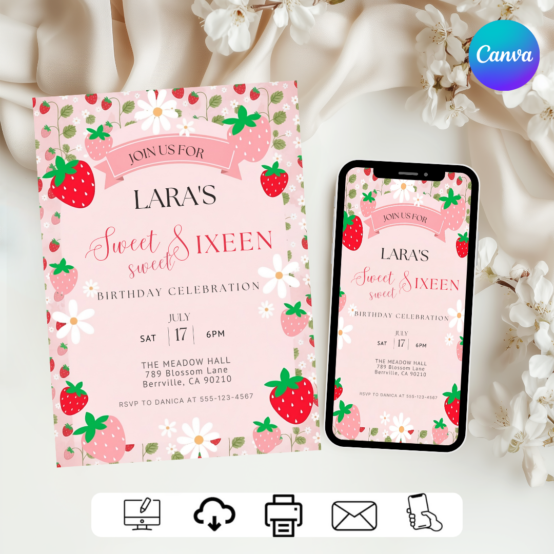 Berry First Birthday Invitation | Editable Berry Sweet 1st Birthday Invite Template | Printable Girl's Party Evite | Instant Download