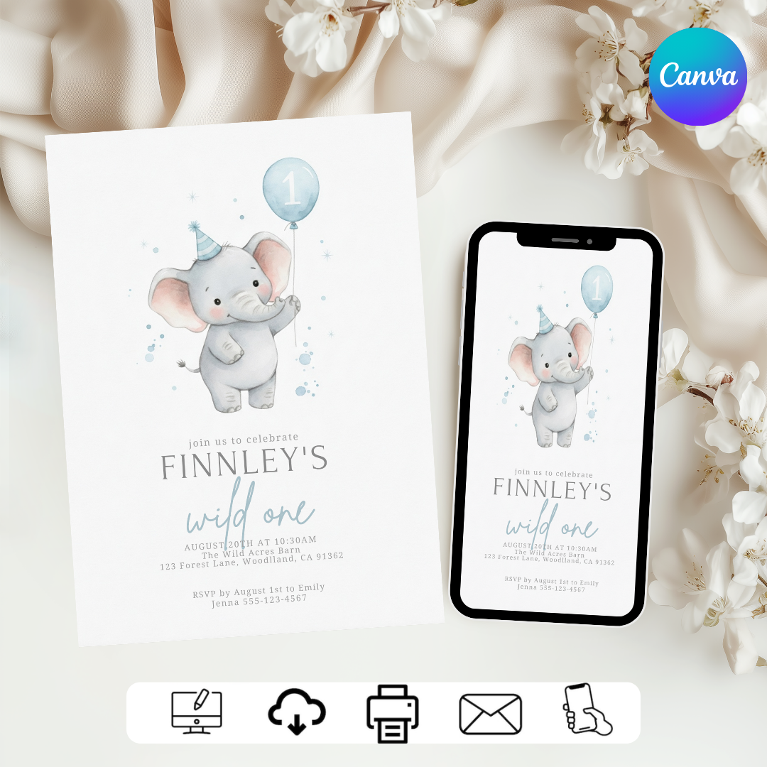 Boy's First Birthday Invitation | Editable Elephant Wild One Invite Template | Blue Watercolor Animal Party | Digital Evite | Instant Download