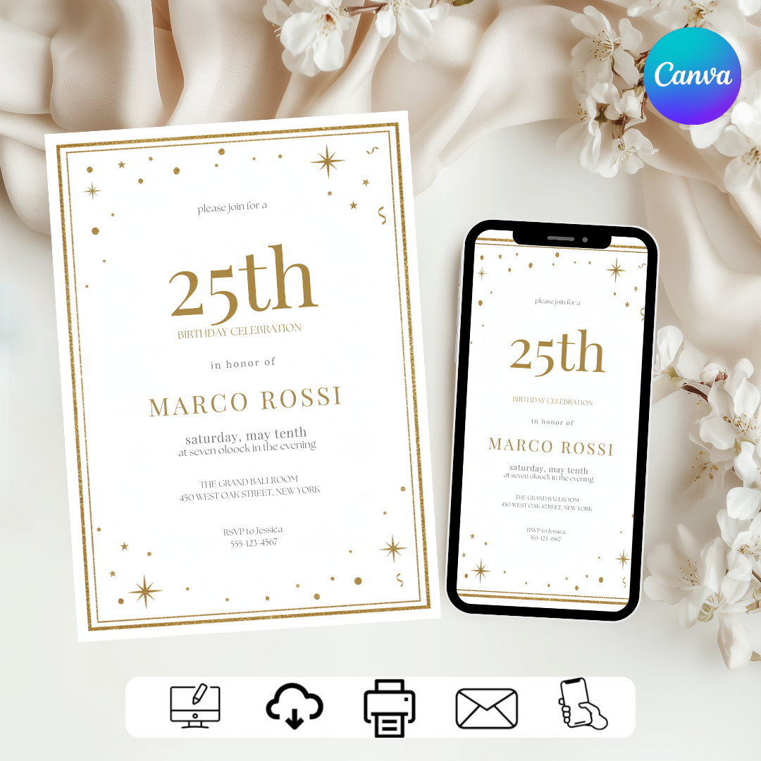 Elegant 25th Birthday Invitation Template | Editable Gold Starry Night Invite For Him or Her | Modern Adult Party | Digital Instant Download