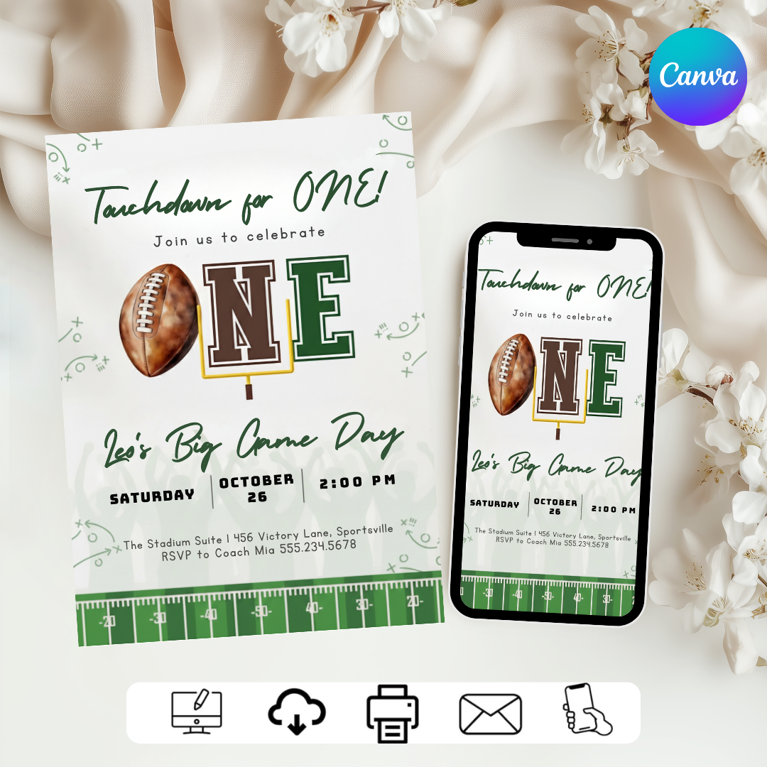 Football First Birthday Invitation Boy | Touchdown for One Invite Template | Editable Big Game Day Party | Digital Evite | Instant Download