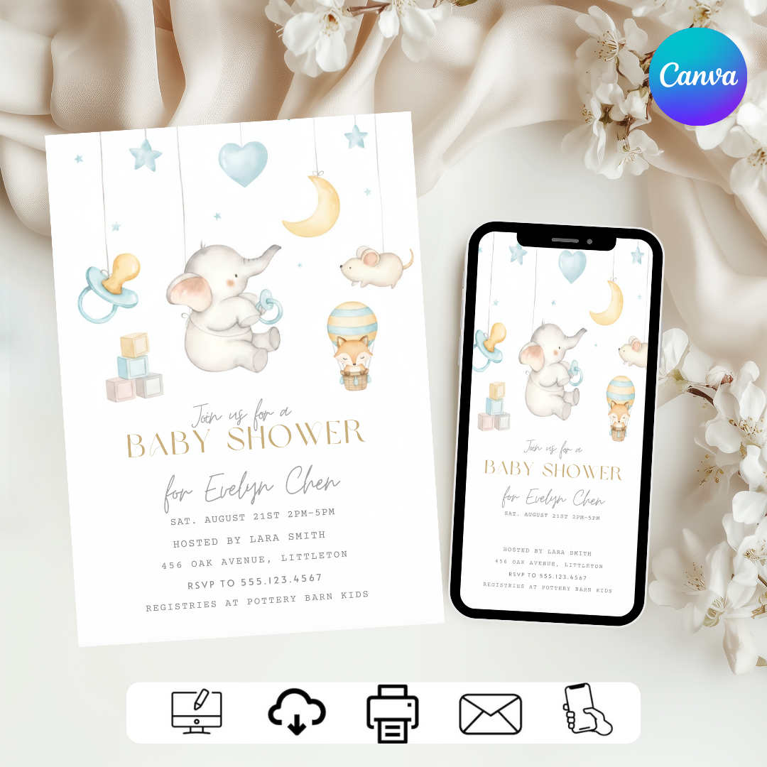 Elephant Baby Shower Invitation Boy or Girl | Editable Star & Moon Invite | Watercolor Animal Template | Printable Digital | Instant Download
