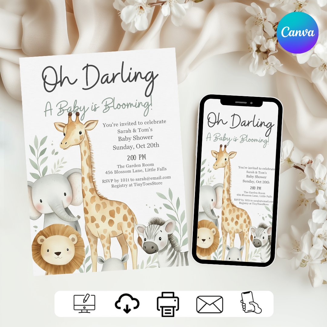 Safari Animal Invitation Template | Watercolor Jungle Party Invite | Editable Greenery Design | Printable & Digital | Instant Download