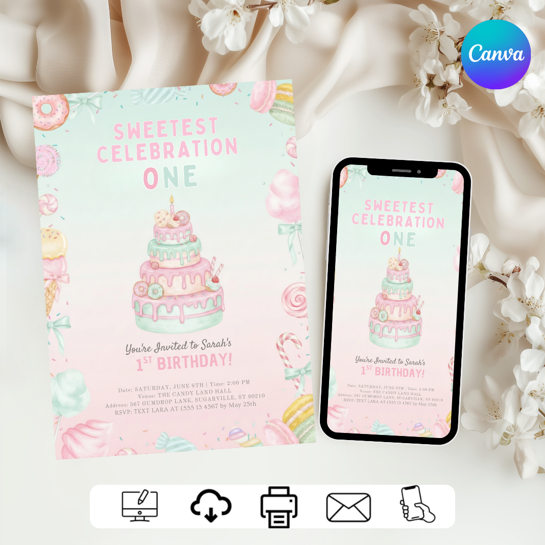 Girl's First Birthday Invitation | Sweetest One Birthday Invite | Editable Candy Land Party Template | Printable Donut Theme | Instant Download