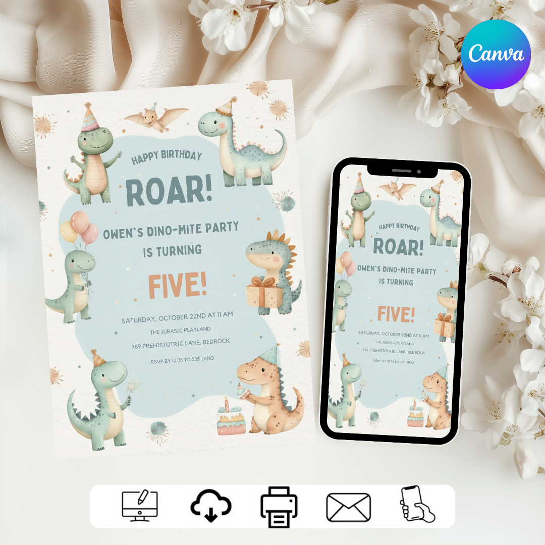 Dinosaur Birthday Invitation Editable Template | Dino-Mite Boy or Girl Party Invite | Roar First Birthday Printable | Instant Digital Download