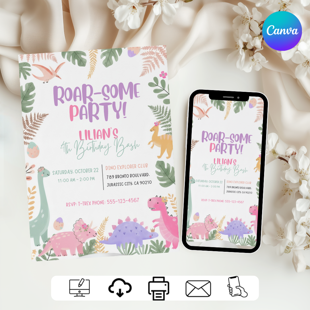 Girl Dinosaur Birthday Invitation Template | Editable Roar Some Party Invite | Pink Pastel Dino Birthday | Printable Digital Evite | Instant Download