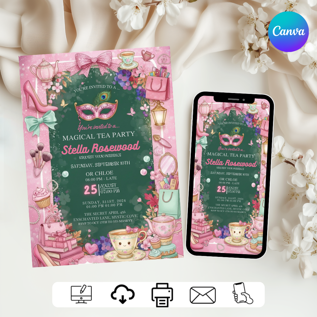 Magical Tea Party Invitation | Editable Girl's Birthday Invite | Masquerade Glam Party Template | Printable Digital Evite | Instant Download