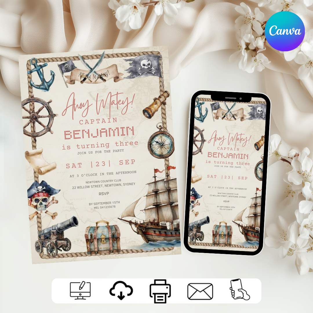 Pirate Birthday Invitation Boy | Editable Ahoy Matey 3rd Birthday Invite | Treasure Map Party Template | Printable Instant Download Digital