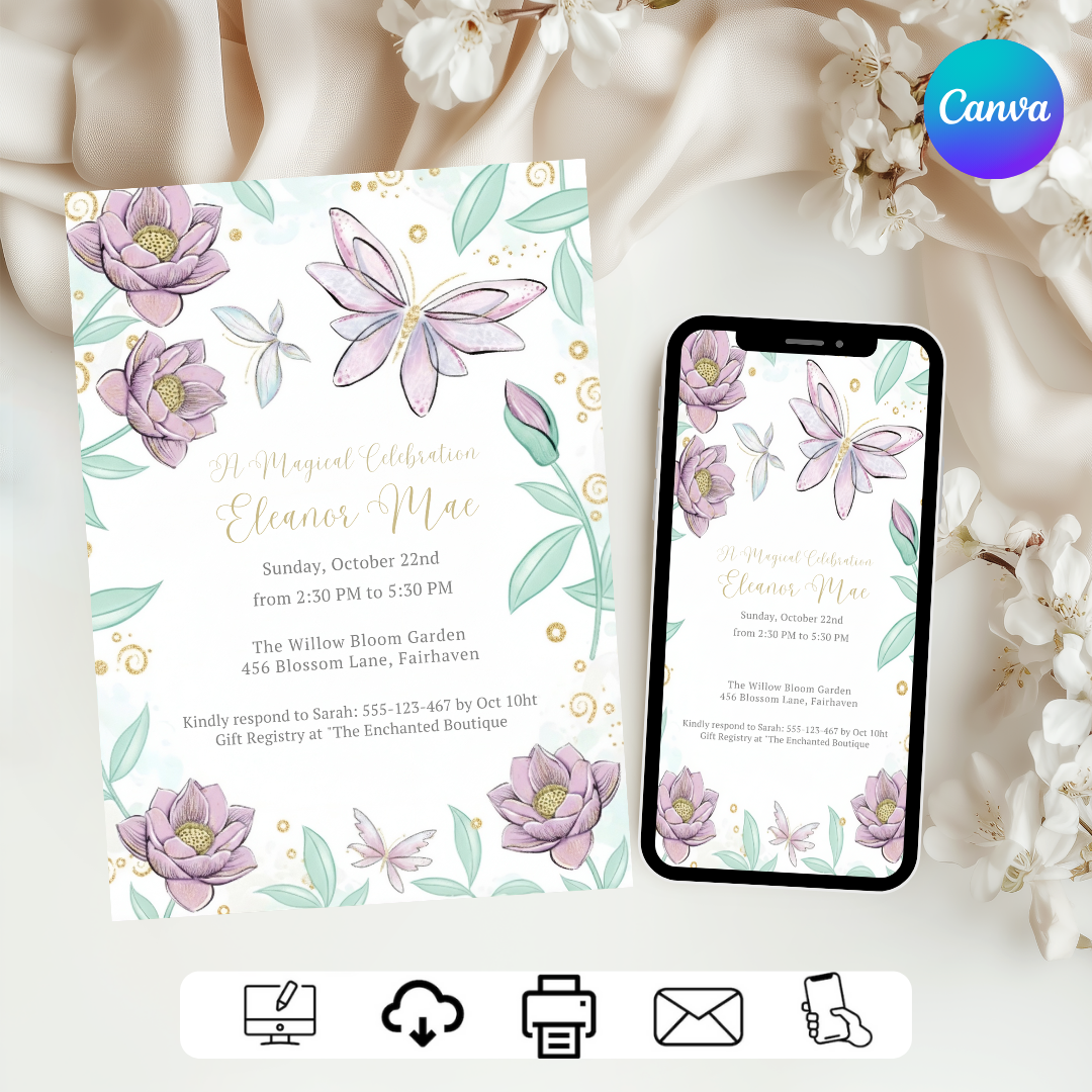 Magical Butterfly Invitation | Girl's Birthday Party | Enchanted Fairy Garden Evite | Editable Floral Template | Printable Instant Download