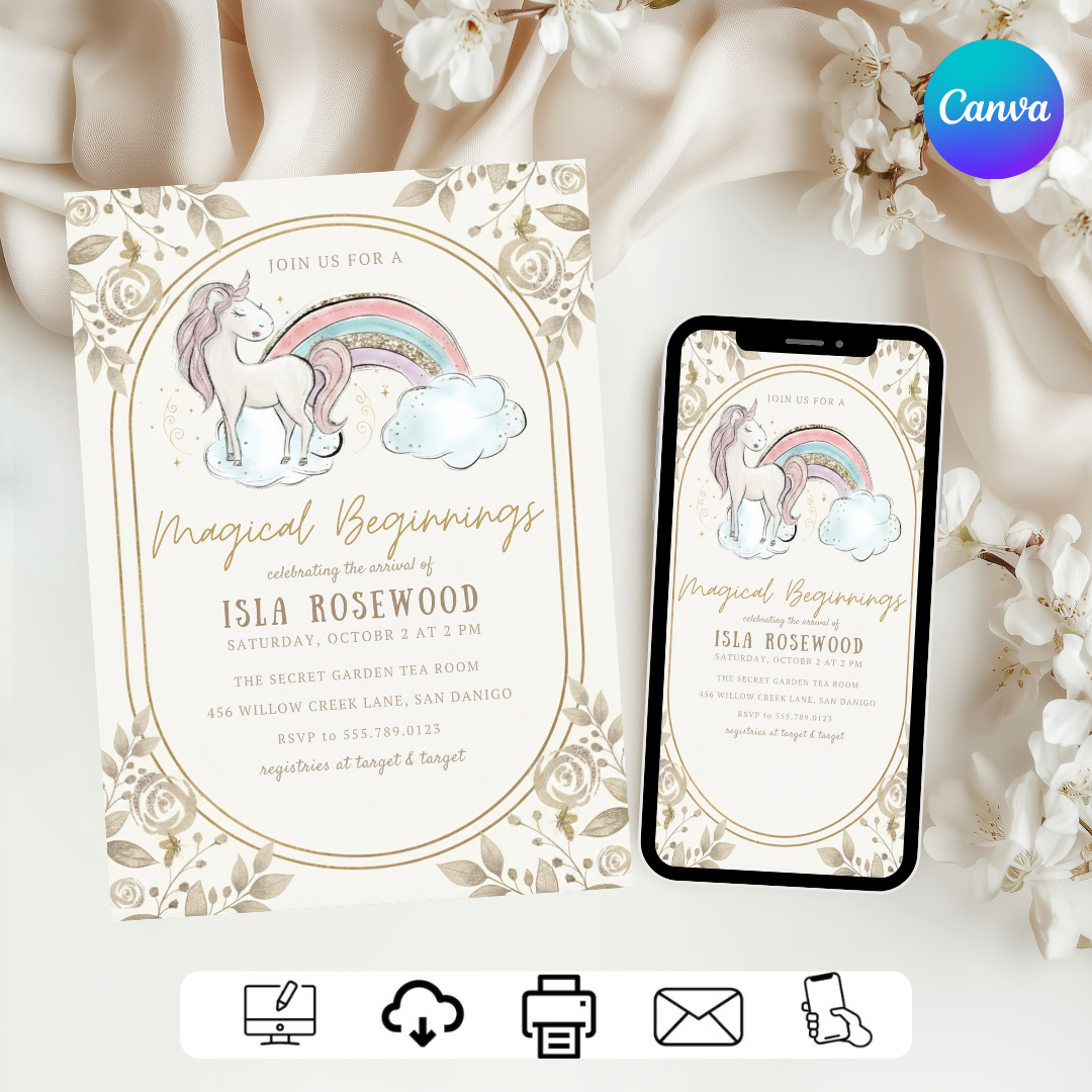 Unicorn Baby Shower Invitation Girl | Magical Beginnings Invite | Editable Rainbow Template | Boho Floral Printable | Instant Download Digital
