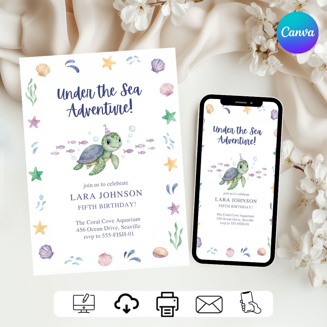 Under the Sea Birthday Invitation | Turtle Party Invite for boys and girls | Editable Ocean Adventure Template | Printable | Instant Download