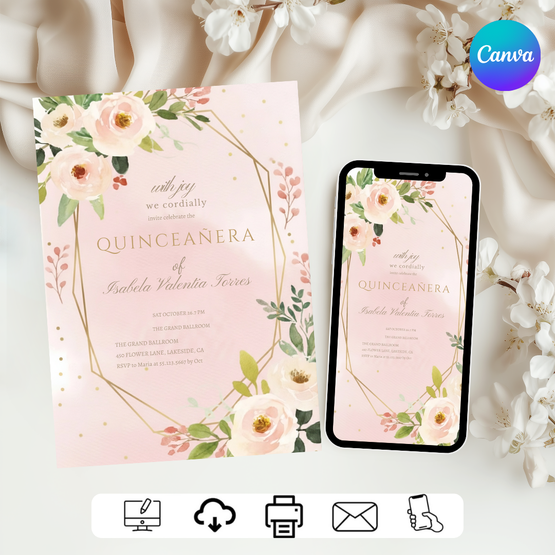 Editable Quinceañera Invitation Template | Blush Pink Floral Invite For Her | Gold Geometric Mis Quince Años | Printable 15th Birthday | Digital