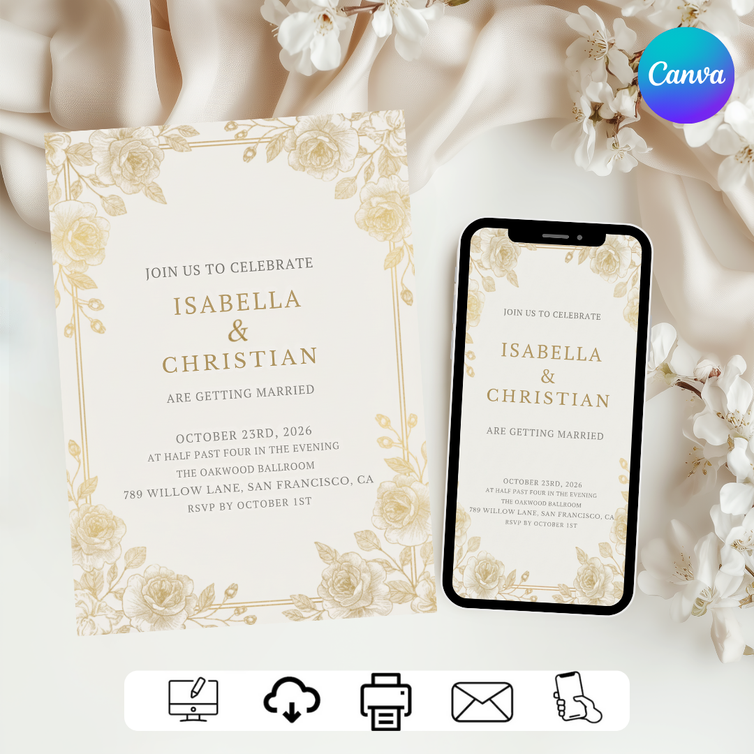 Elegant Wedding Invitation Template | Gold Floral Invite | Classic Rose Wedding Suite | Editable Canva Printable | Instant Digital Download