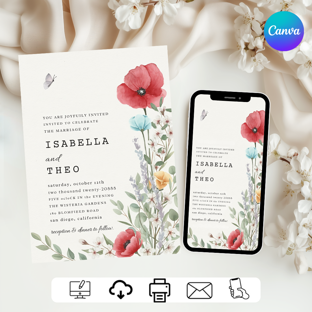 Wildflower Wedding Invitation Template | Editable Poppy Floral Invite | Rustic Garden Wedding | Printable Digital Download | Canva Template
