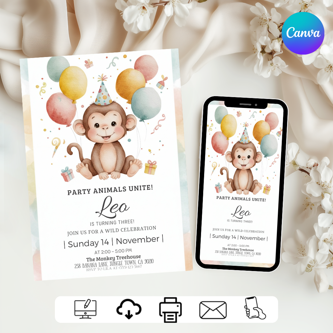 Monkey Birthday Invitation Boy or Girl | Editable Jungle Party Invite | Wild Third Birthday Template | Printable Safari Animal Evite | Instant Download