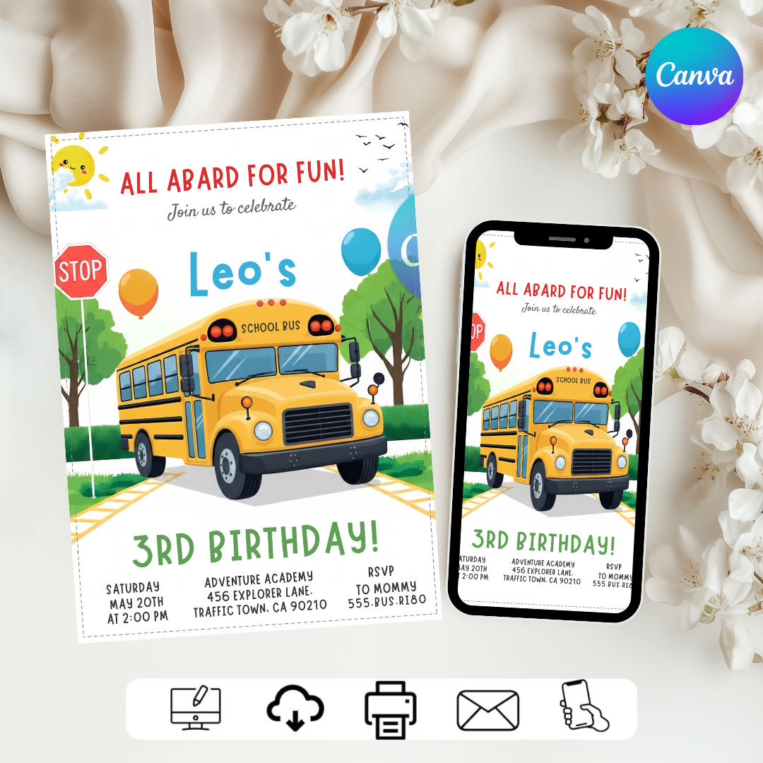 School Bus Birthday Invitation for Boy | Editable 3rd Birthday Invite | Wheels on the Bus Party Template | Printable Digital Evite | Canva