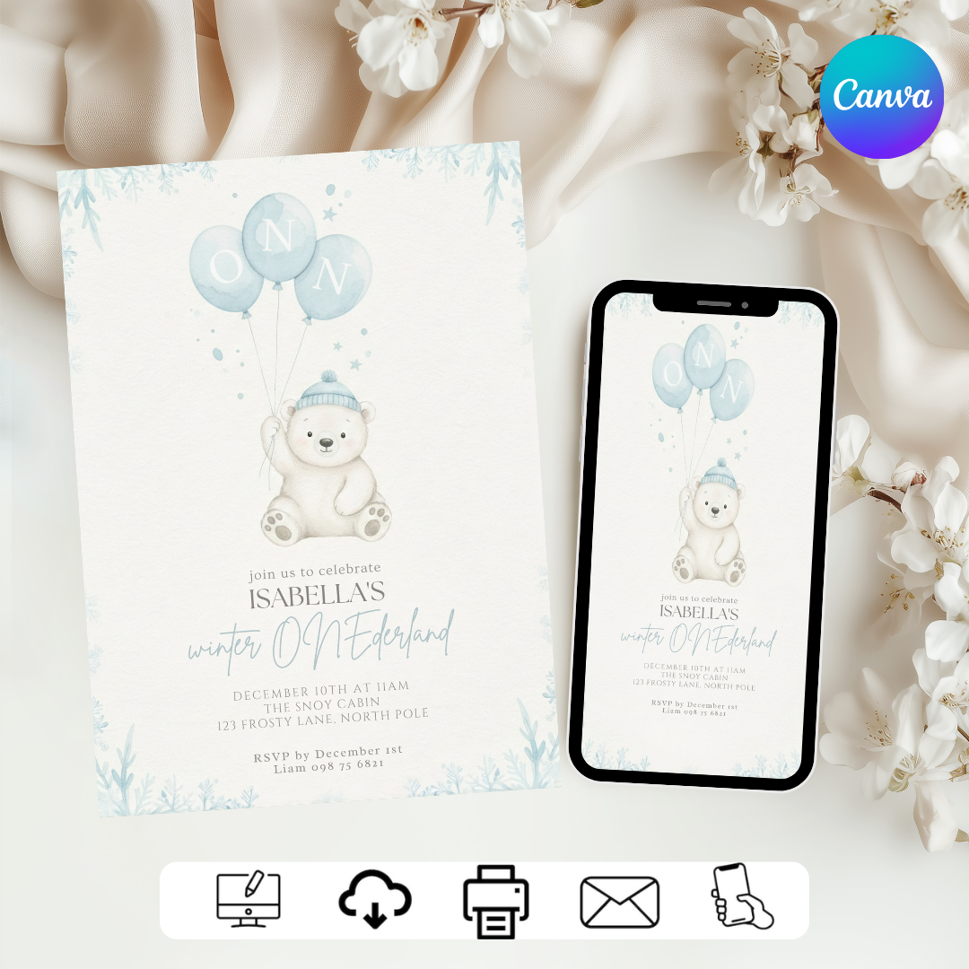 Winter Onederland First Birthday Invitation | Editable Polar Bear 1st Birthday Invite for Boy or Girl | Arctic Animal Theme | Digital & Printable