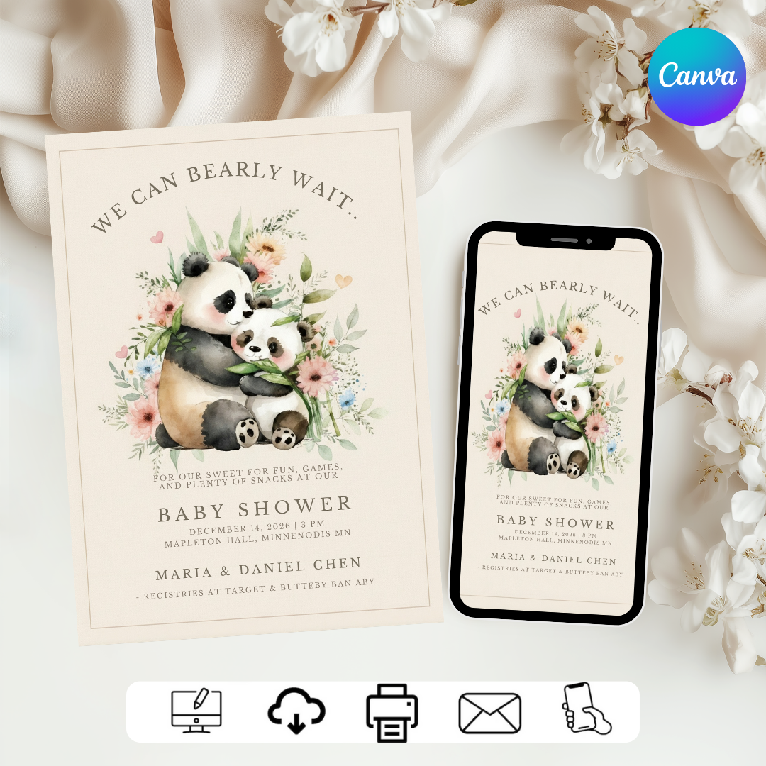Panda Baby Shower Invitation | We Can Bearly Wait Invite | Editable Template for Boy or Girl | Watercolor Animal Theme | Instant Download
