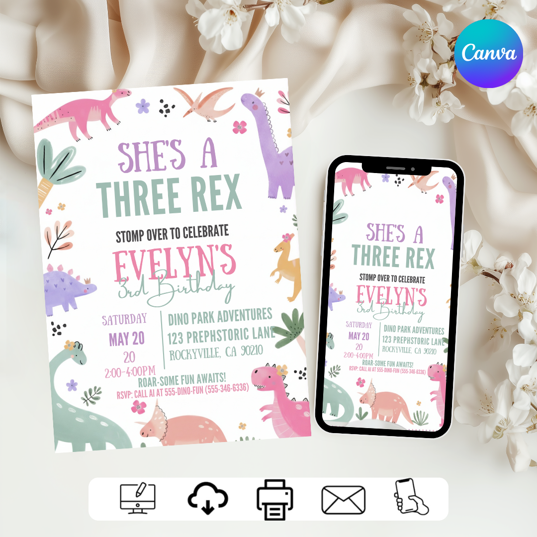 Girl's Three Rex Birthday Invitation | Editable Dinosaur 3rd Birthday Party Invite | Printable Pastel Dino Template | Instant Download Evite