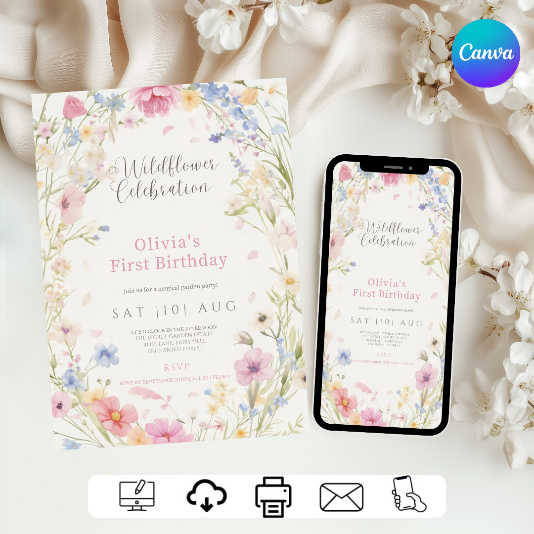 Wildflower First Birthday Invitation Girl | Editable Garden Party Invite Template | Floral 1st Birthday | Printable Digital Invite | INSTANT DOWNLOAD
