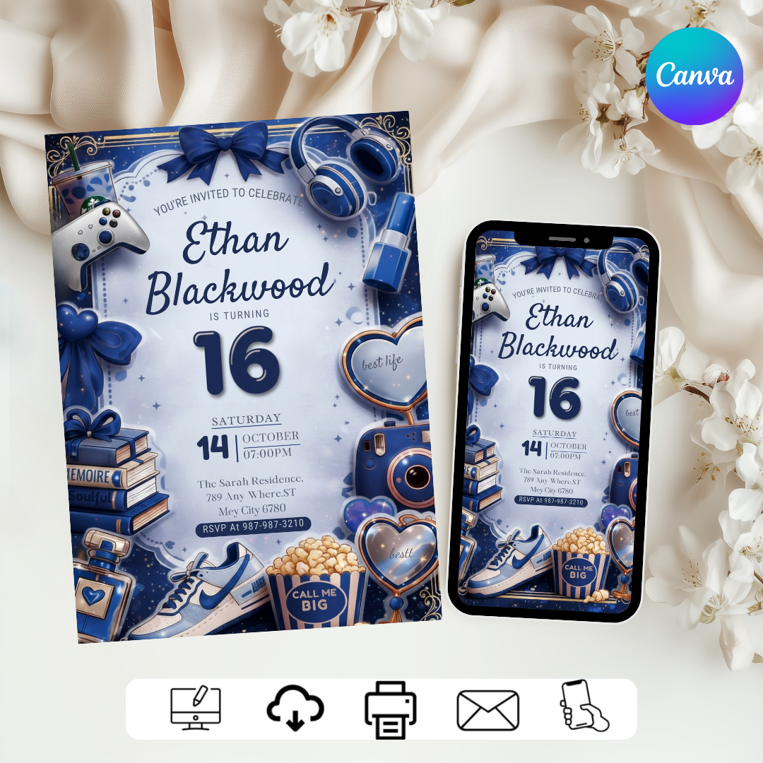 Boy's 16th Birthday Invitation | Editable Blue Aesthetic Teen Invite | Favorite Things Party Template | Digital Evite | Instant Download