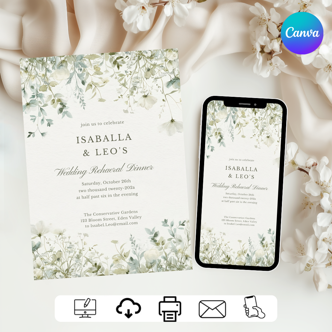 Rehearsal Dinner Invitation Template | Greenery Botanical Wedding Invite | Editable Floral Welcome Party Evite | Printable | Instant Download