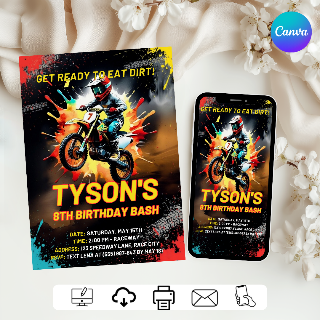 Boy's Motocross Birthday Invitation | Editable Dirt Bike Party Template | Racing Invite for Kids | Printable | Instant Download | Eat Dirt
