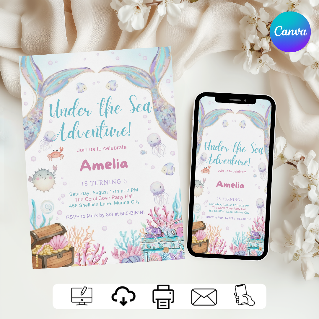 Mermaid Birthday Invitation Girl | Under the Sea Party Invite | Editable Ocean Adventure Template | Pastel Watercolor Evite | Instant Download