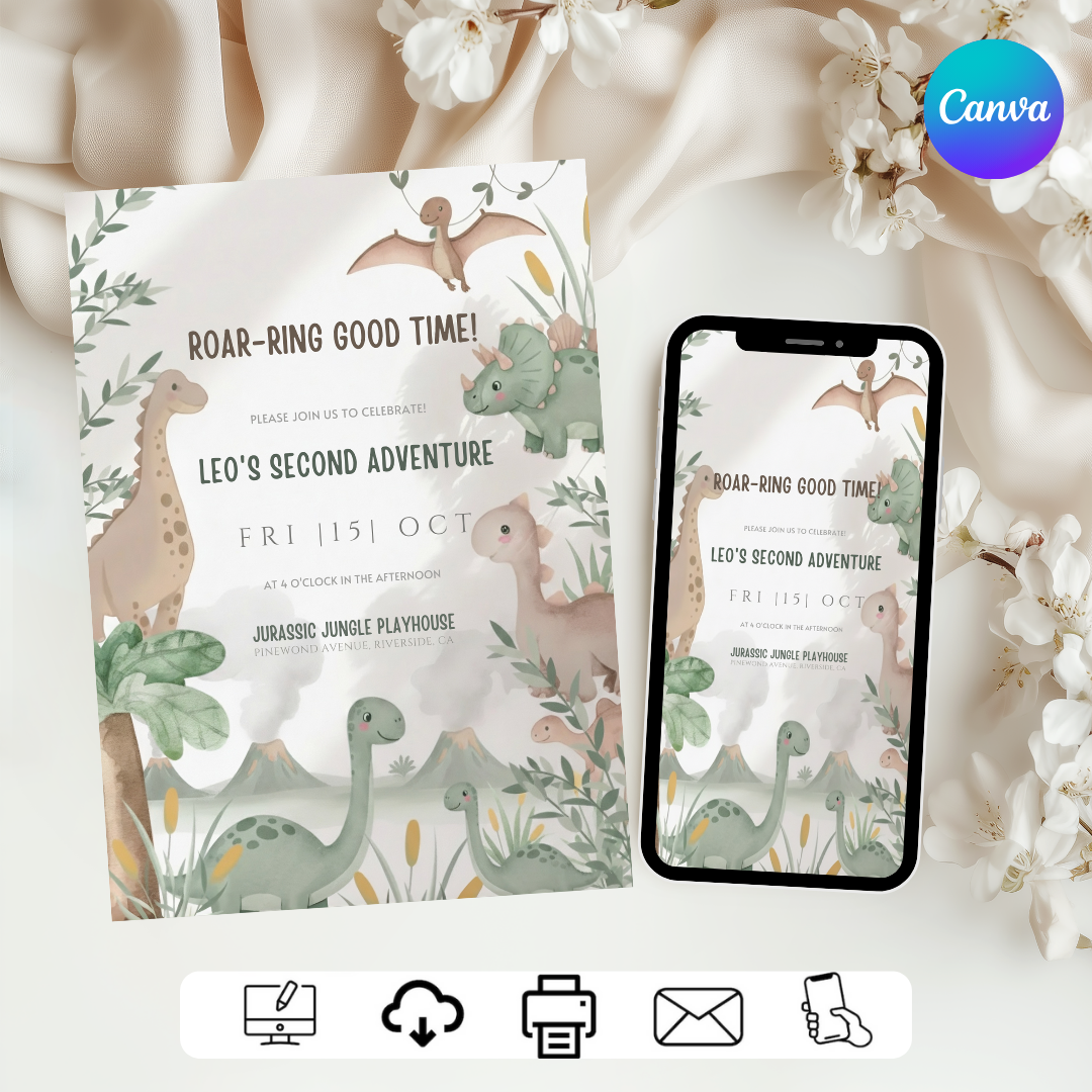 Dinosaur Birthday Invitation Boy | Editable 2nd Birthday Invite | Cute Dino Party Template | Roar Jungle Two Rex | Printable & Digital Evite