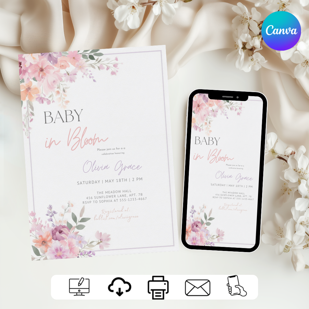 Baby in Bloom Baby Shower Invitation | Girl Baby Shower Invite | Editable Floral Butterfly Template | Printable Garden Party | Instant Download