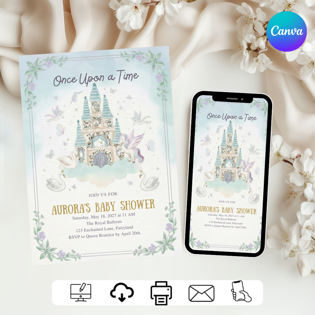 Fairytale Castle Invitation Template | Editable Once Upon a Time Invite | Enchanted Storybook Theme | Unicorn & Swan Design | Instant Download