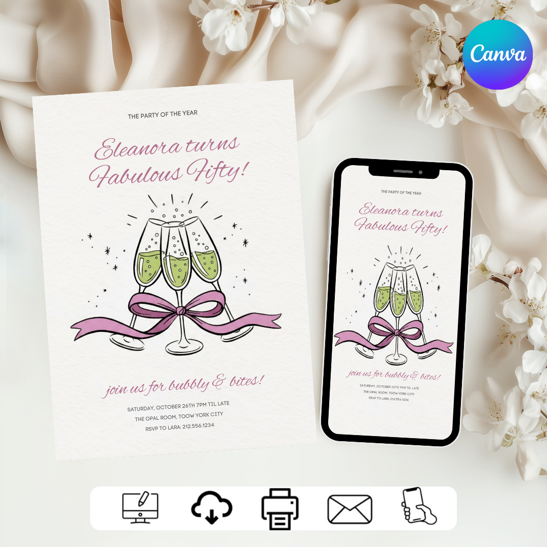 Fabulous Fifty Birthday Invitation For Her | Editable 50th Birthday Party Invite | Champagne Toast | Bubbly & Bites | Digital Download Template