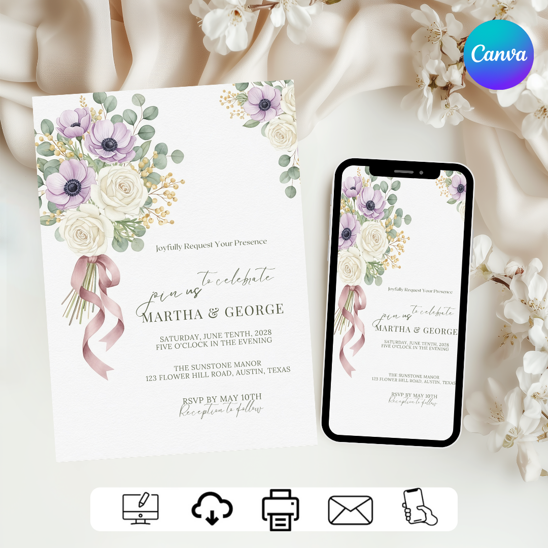 Floral Wedding Invitation Template | Editable Lavender Anemone & Rose Invite | Printable Garden Wedding Stationery | Instant Download | Canva
