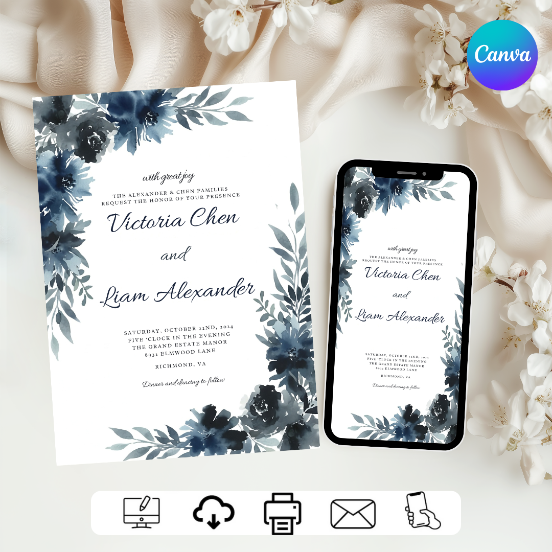Navy Blue Floral Wedding Invitation Template | Editable Watercolor Invite | Elegant Modern Wedding Stationery | Printable Digital Download | Victoria