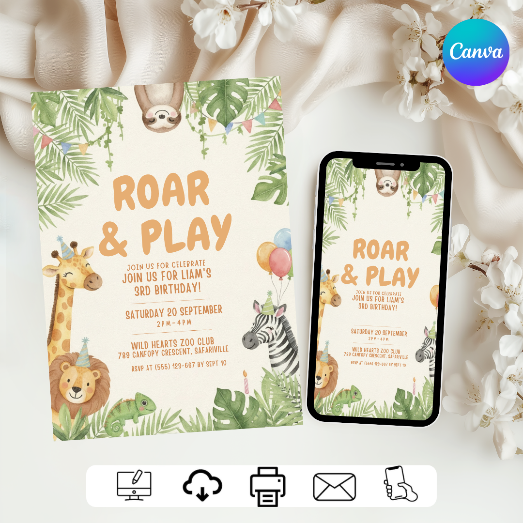 Jungle Birthday Invitation for Boy or Girl | Editable Safari Animal Party Invite | Roar & Play 3rd Birthday | Printable Instant Download