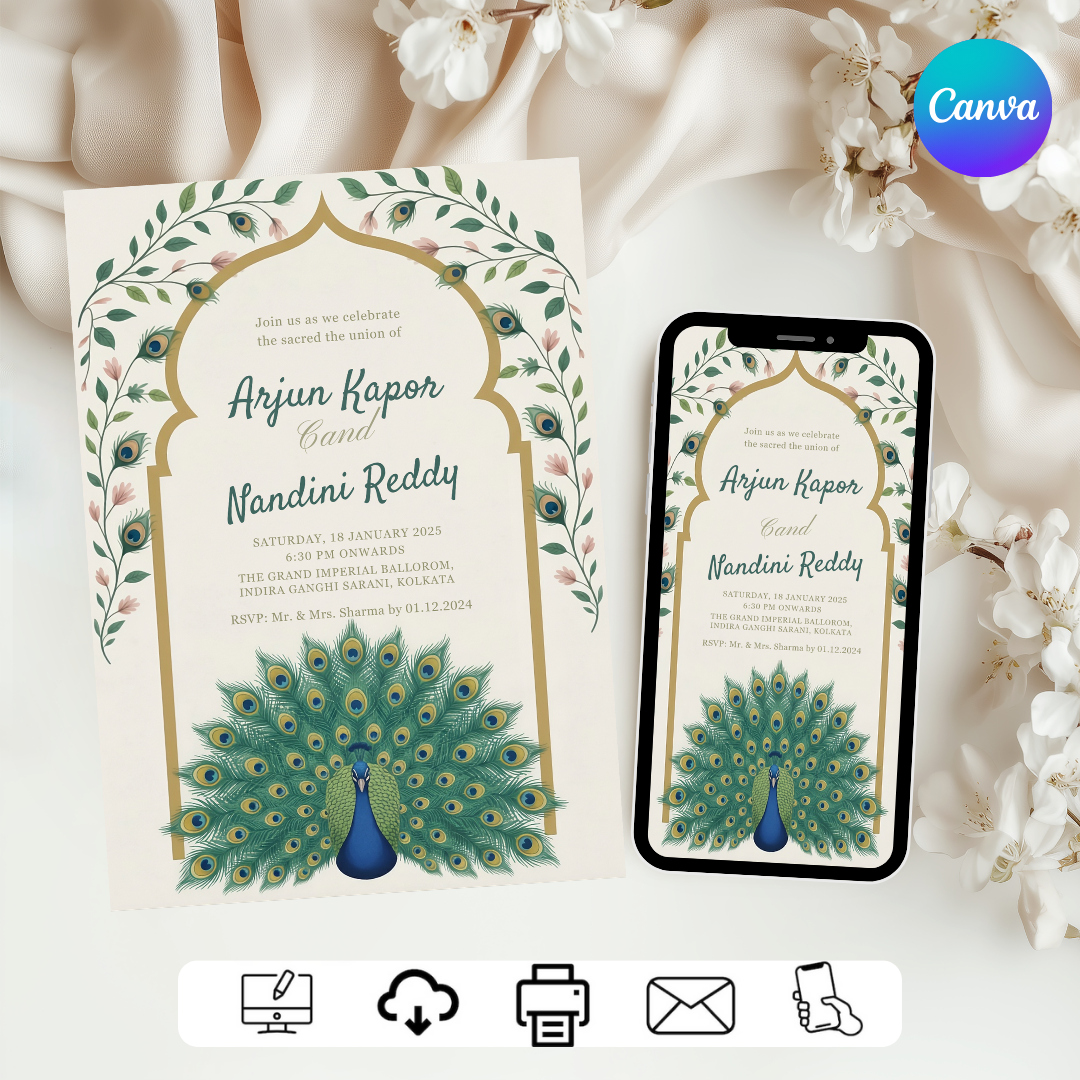 Indian Wedding Invitation Template | Editable Peacock Invite | Royal Desi Wedding Card | Printable Hindu Wedding Stationery | Digital Download