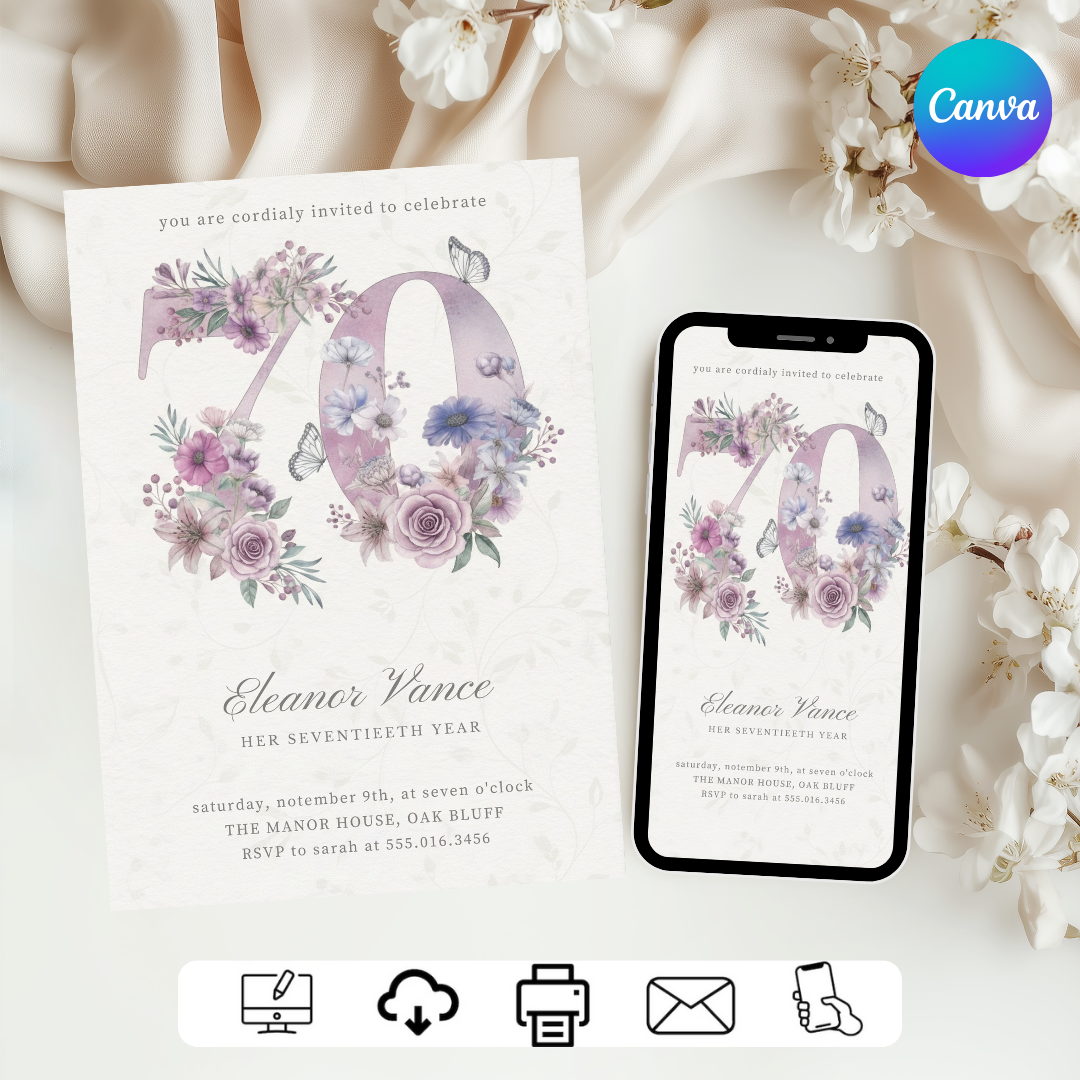 70th Birthday Invitation For Her | Editable Floral Template | Mauve Wildflower Party Invite | Printable Digital Instant Download | Seventieth
