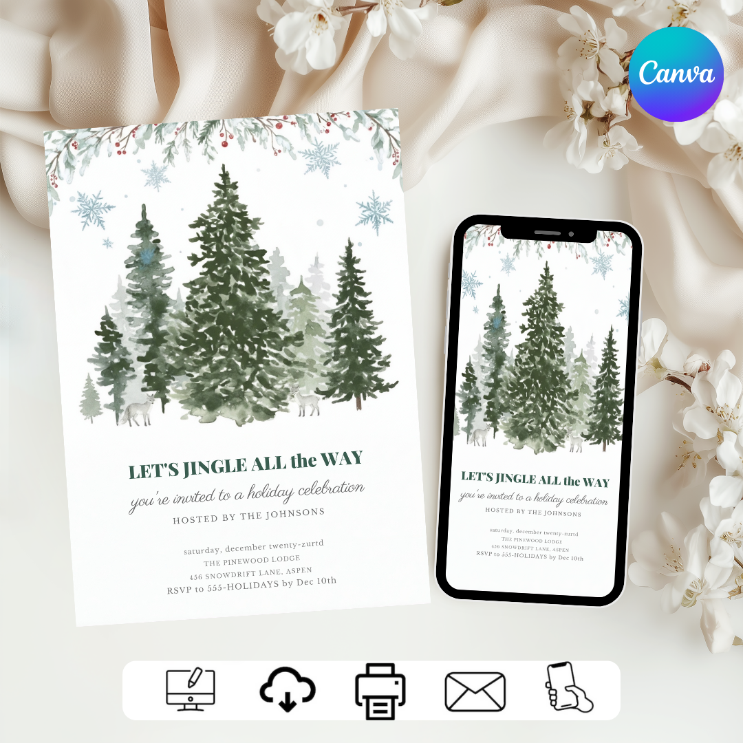 Holiday Party Invitation Editable | Winter Woodland Christmas Invite | Jingle All The Way Template | Rustic Pine Tree Evite | Instant Download