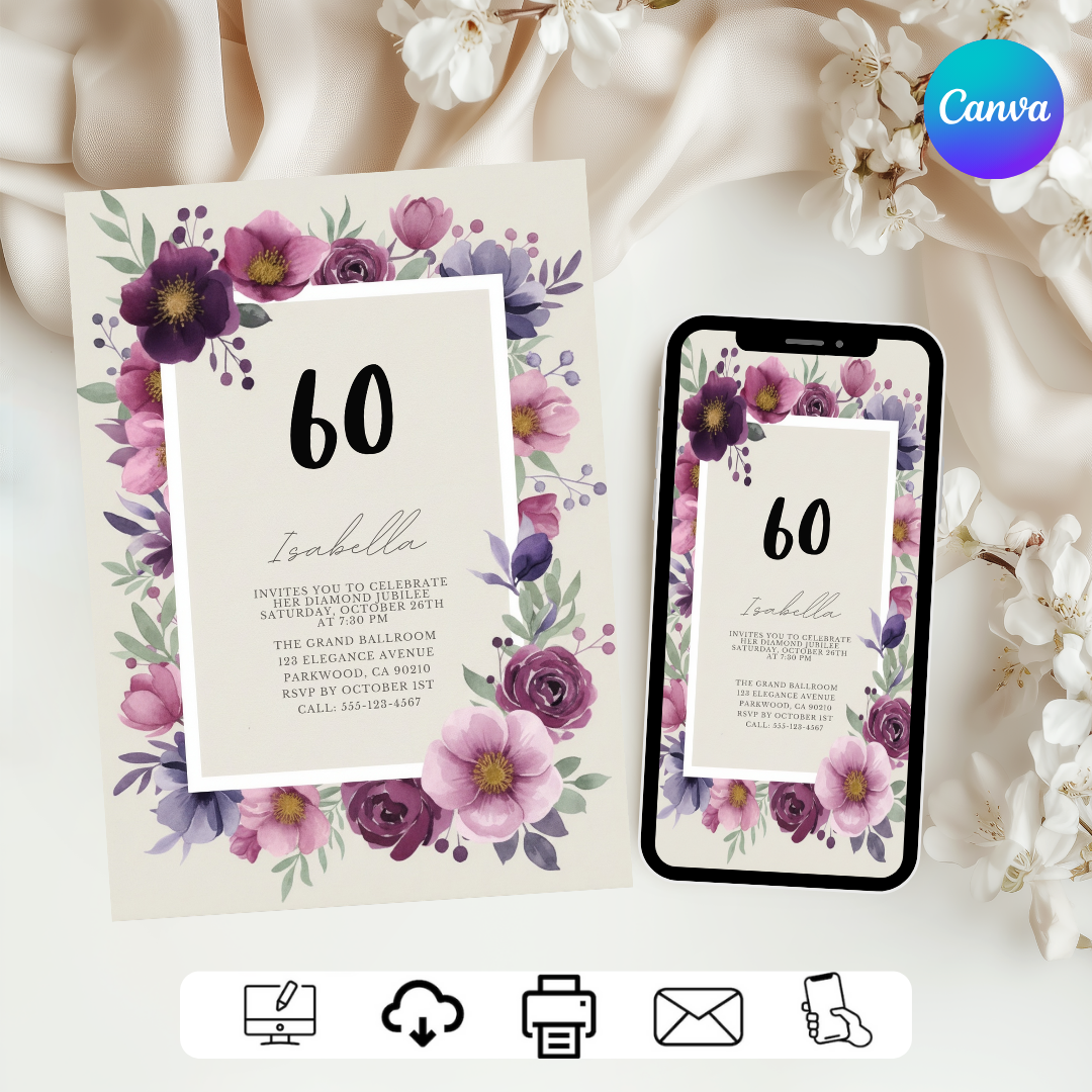 60th Birthday Invitation for Her | Editable Floral Template | Purple & Pink Watercolor | Diamond Jubilee Party Invite | Printable Digital Evite