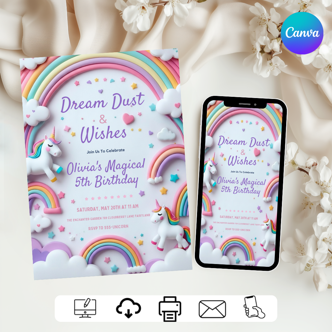 Editable Unicorn Birthday Invitation Girl | Magical Rainbow Party Invite Template | Pastel Clouds & Stars | Digital Evite | Instant Download