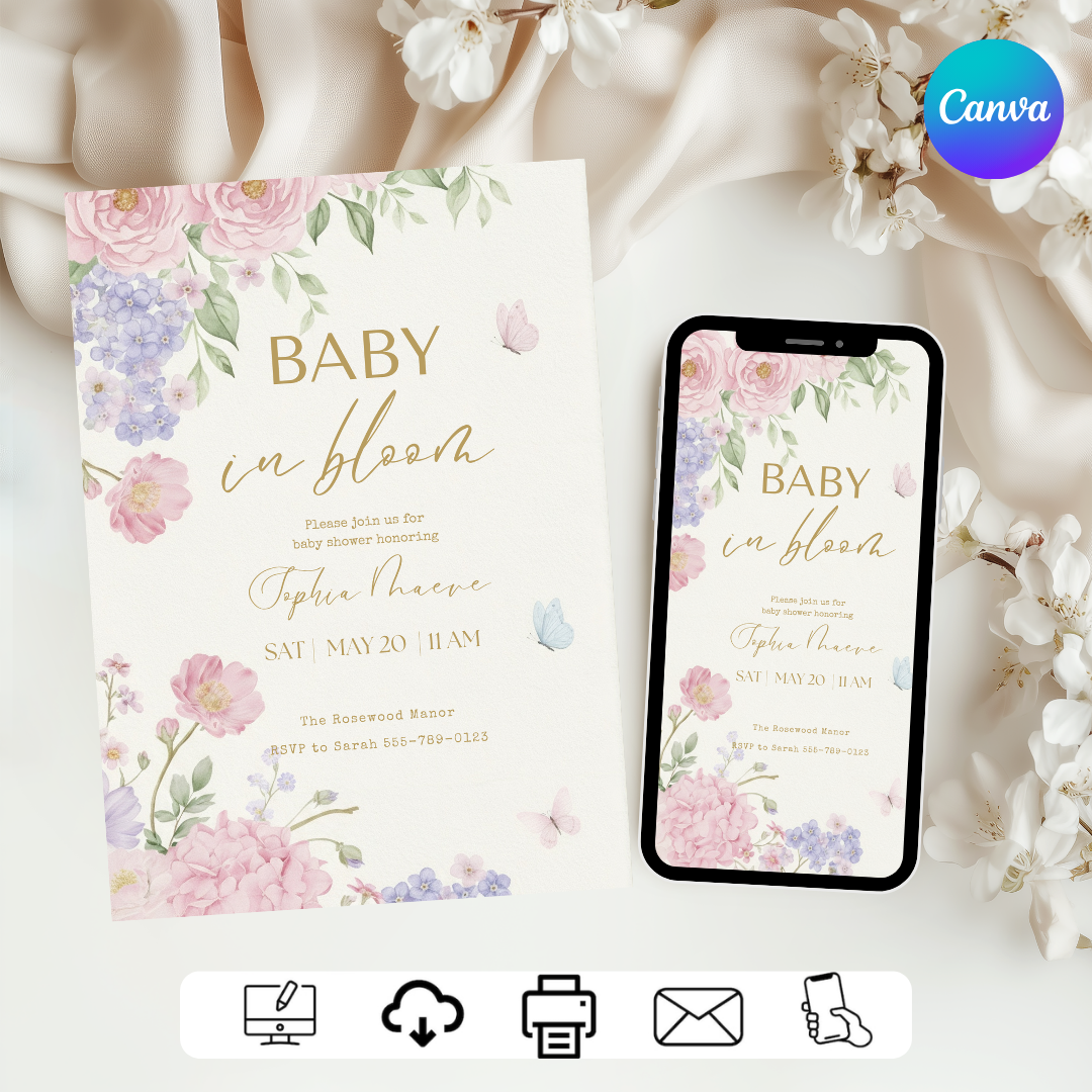 Baby in Bloom Baby Shower Invitation Girl | Editable Floral Butterfly Invite | Watercolor Garden Party Template | Printable & Digital Download