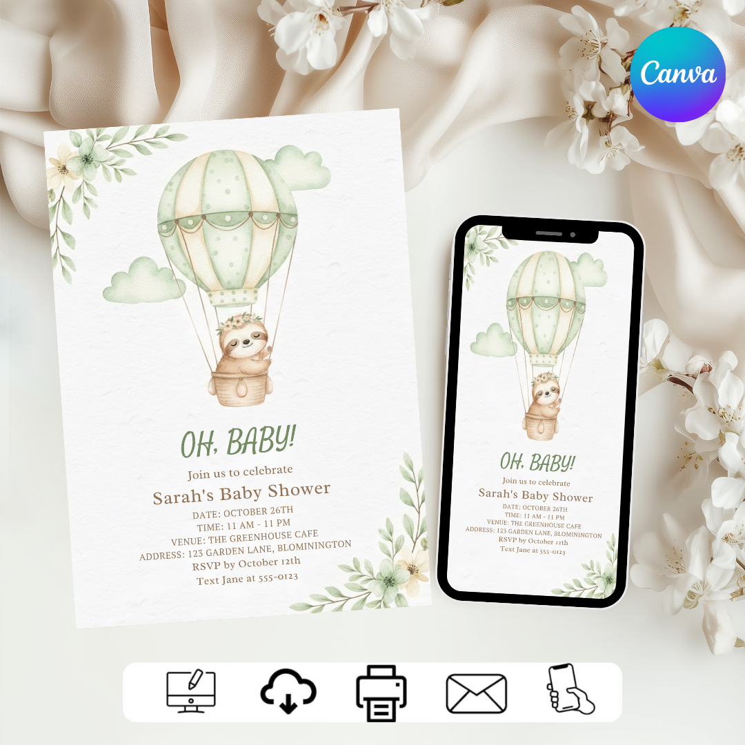 Sloth Baby Shower Invitation Template | Editable Hot Air Balloon Invite | Boy or Girl | Sage Green Watercolor | Printable | Instant Download