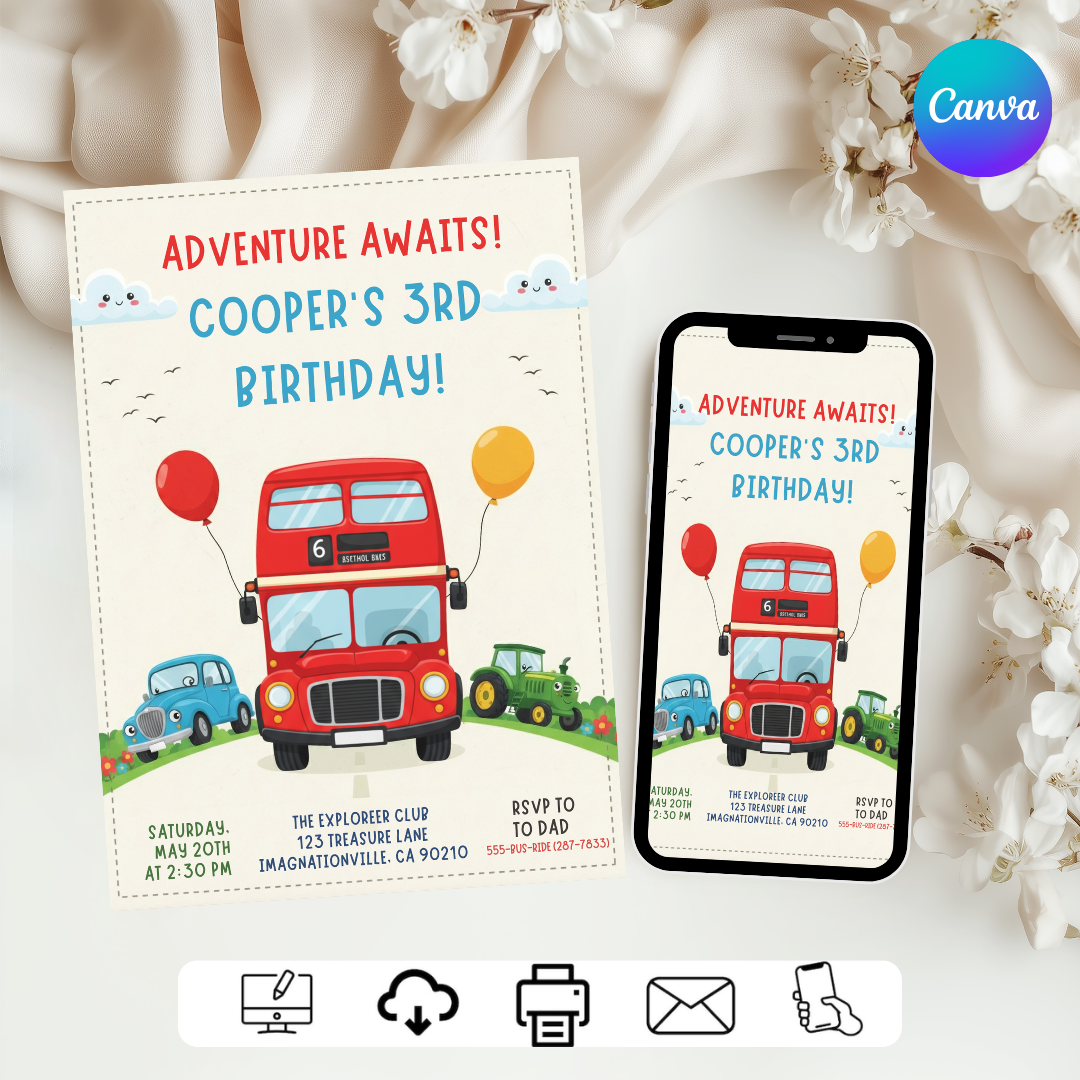 Boy's Transportation Birthday Invitation | Editable Adventure Awaits Party | Red Bus Invite | Car & Tractor Theme | Printable Digital Evite