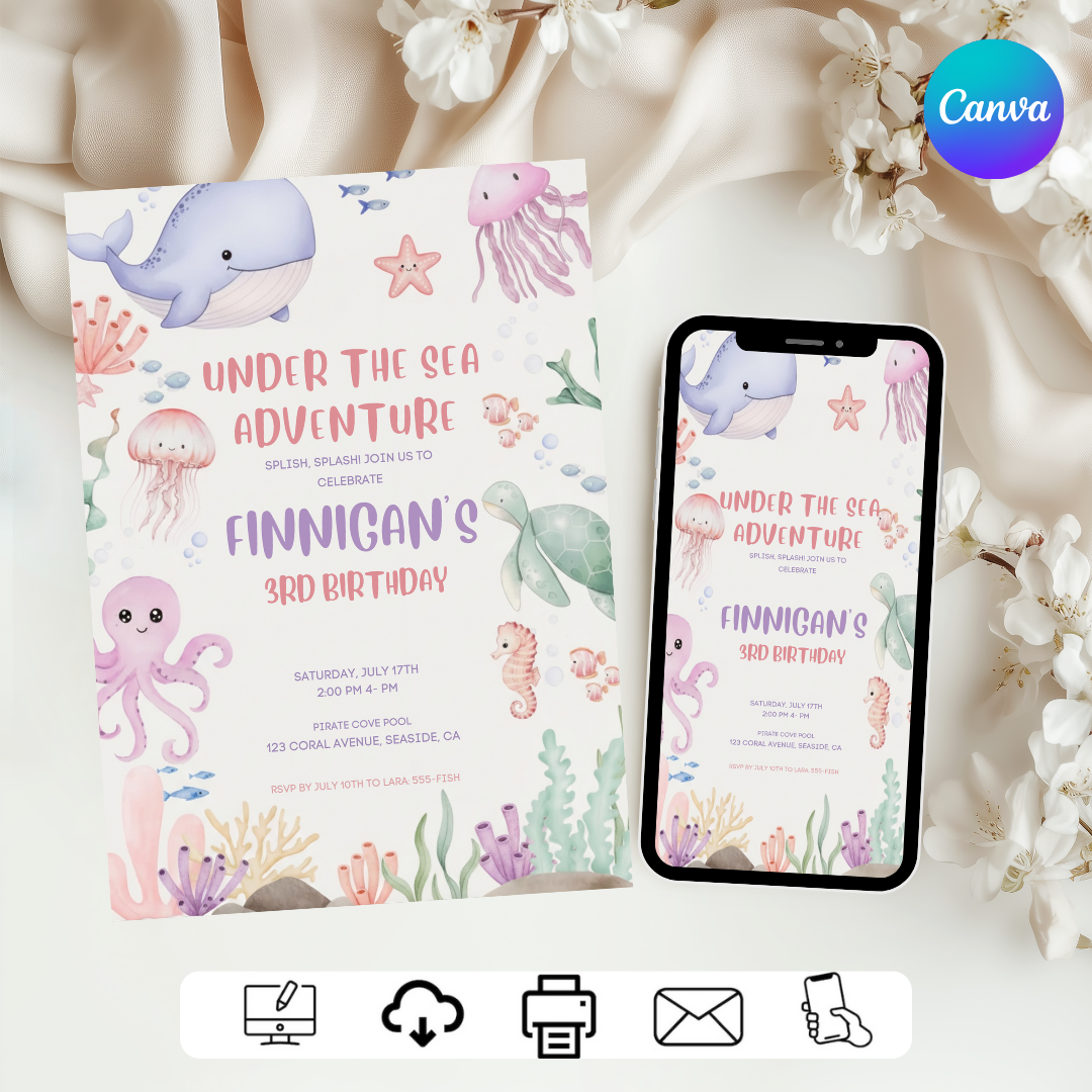 Under the Sea Birthday Invitation | Ocean Animal Party Invite | Editable Sea Creature Template for Boys & Girls | Printable Digital Download