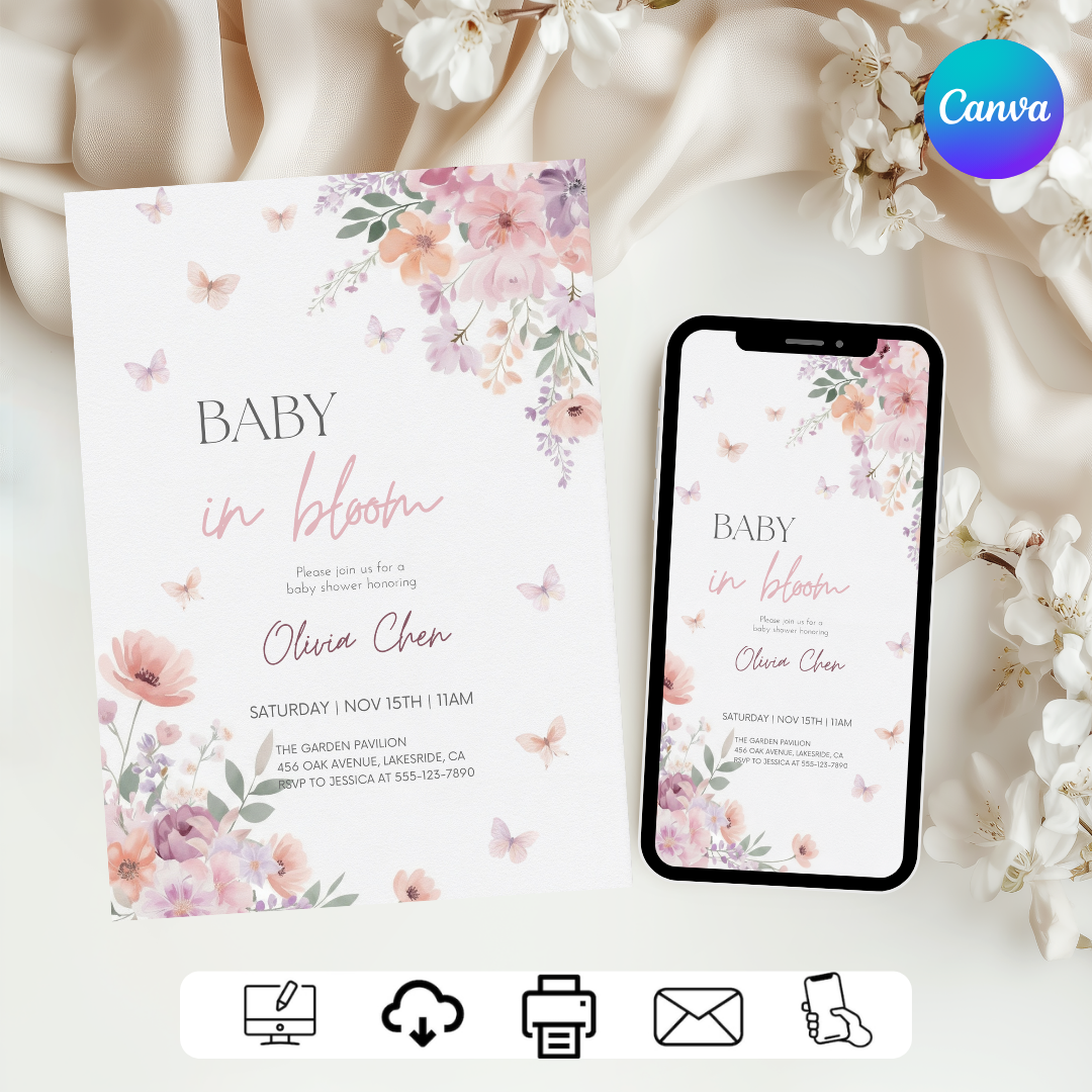 Baby in Bloom Baby Shower Invitation Girl | Editable Floral Butterfly Invite | Watercolor Garden Party Template | Printable Digital Invite