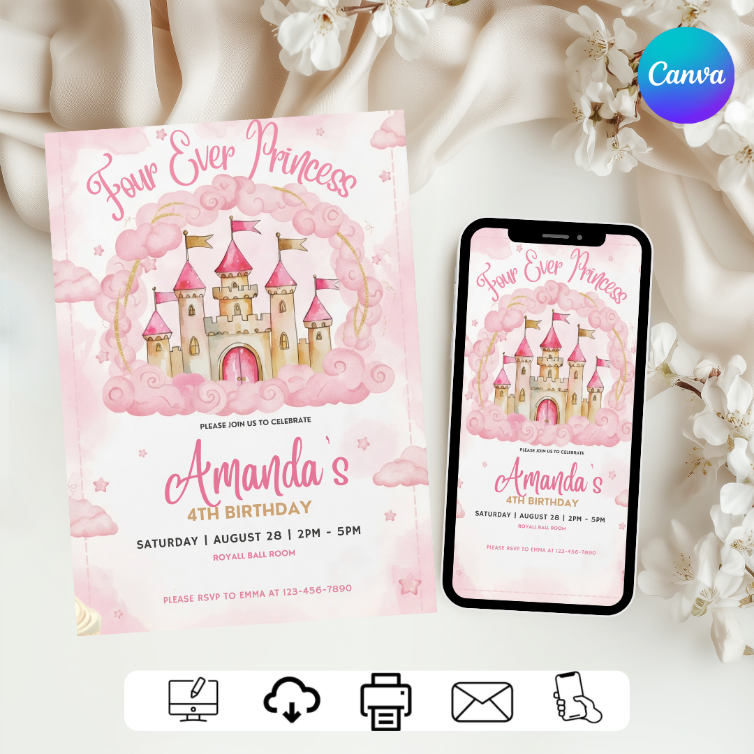 Girl's Princess 4th Birthday Invitation Template | Four Ever a Princess Invite | Editable Pink and Gold Castle Party | Digital & Printable Evite