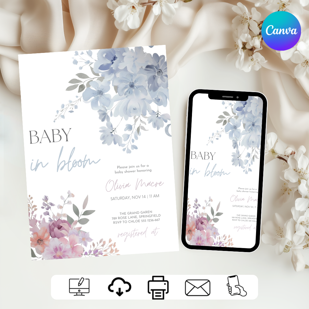 Baby in Bloom Baby Shower Invitation | Editable Celestial Floral Invite Template | Butterfly Boy or Girl Shower | Printable Digital Download