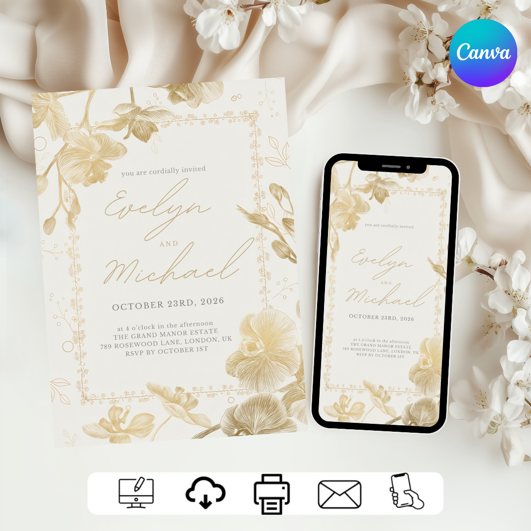 Elegant Orchid Wedding Invitation Template | Gold Floral Invite | Editable Minimalist Script Stationery | Printable Digital Evite | Instant Download