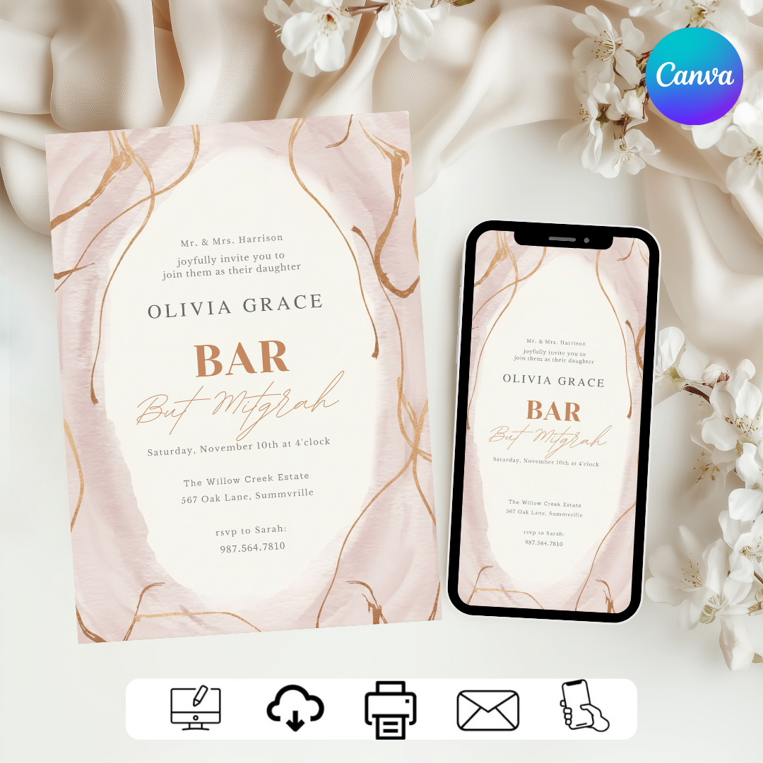 Bat Mitzvah Invitation Girl | Editable Template | Blush Pink and Rose Gold Invite | Modern Elegant Party | Printable Digital | Instant Download