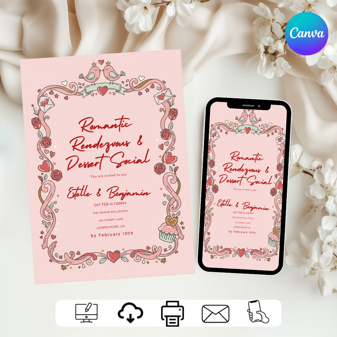 Editable Valentine's Day Invitation | Romantic Rendezvous & Dessert Social Template | Couples Party Invite | Love Birds Theme | Instant Download